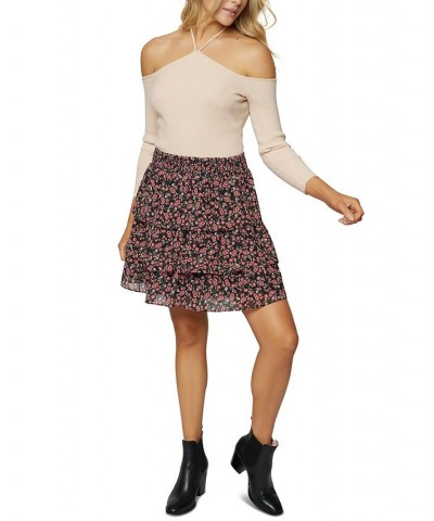 Women's Tiered Rose-Garden Skirt Black Pink Floral $17.35 Skirts