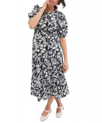 Cotton Crosshatch Tiered Midi Maternity Dress Black Floral $37.44 Dresses