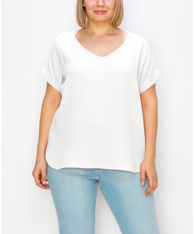 Plus Size Gauze V-neck Rolled Sleeve Top Ivory/Cream $21.50 Tops