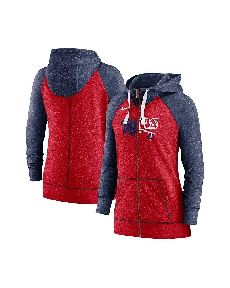 Women's Heathered Red and Heathered Navy Minnesota Twins Split Wordmark Gym Vintage-Like Raglan Slub Full-Zip Hoodie Red $34....