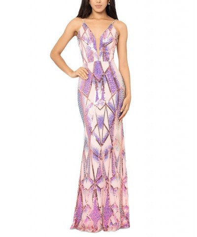 Women's V-Neck Sequinned Placement Long Sheath Dress Pink Multi $111.86 Dresses