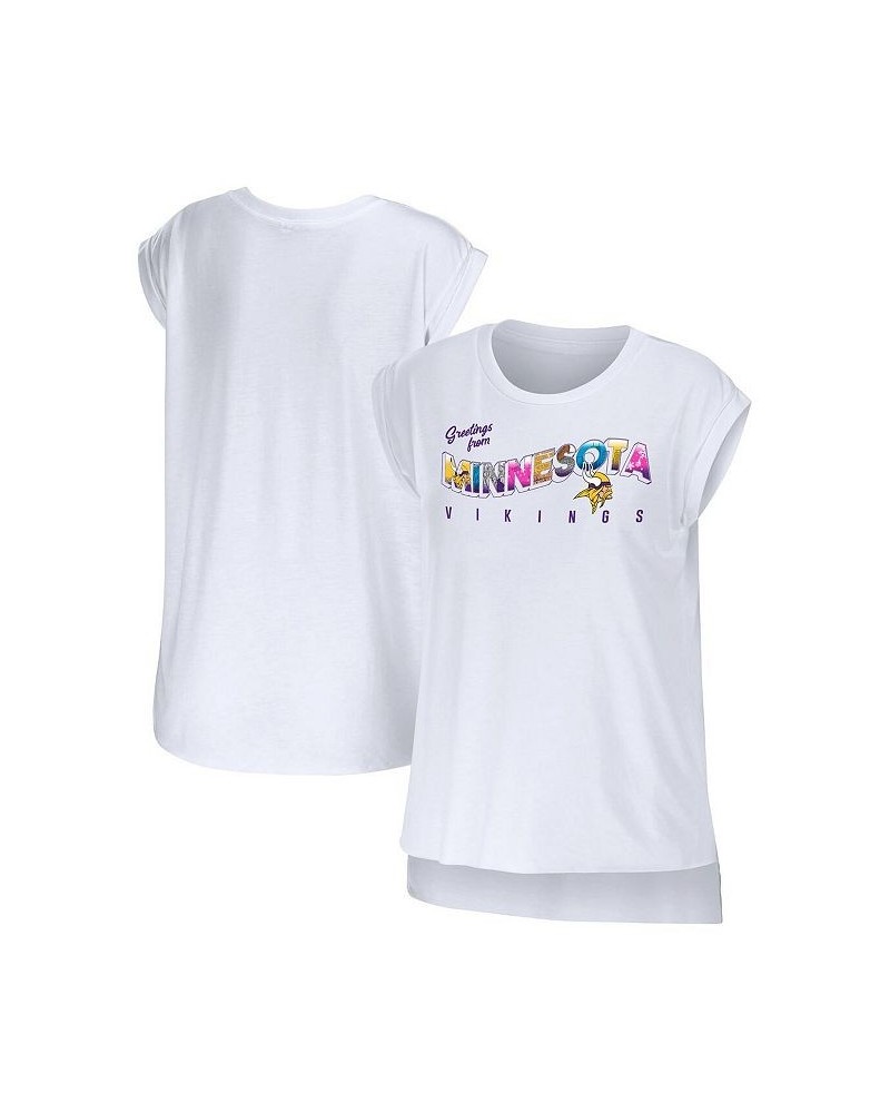 Women's White Minnesota Vikings Greetings From Muscle T-shirt White $26.99 Tops