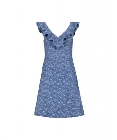 Womens' Organic Cotton V-Neck Ruffle Shift Dress Blue $32.37 Dresses