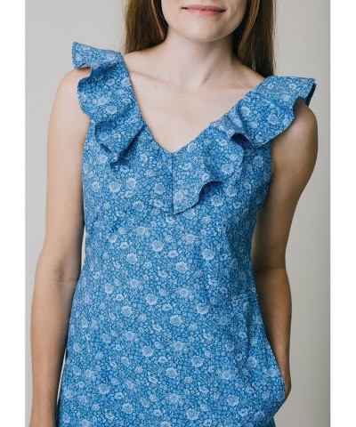 Womens' Organic Cotton V-Neck Ruffle Shift Dress Blue $32.37 Dresses