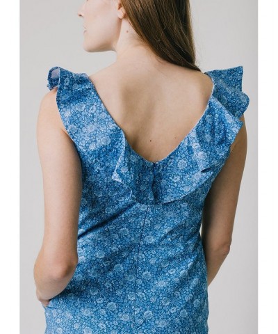 Womens' Organic Cotton V-Neck Ruffle Shift Dress Blue $32.37 Dresses