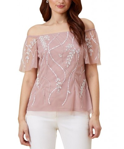 Women's Beaded Off-The-Shoulder Top Dusted Petal Ivory $70.98 Tops