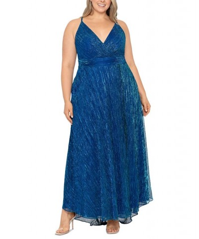 Plus Size Metallic Foil Spaghetti-Strap Gown Royal Turquoise $98.67 Dresses