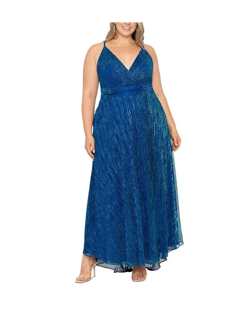 Plus Size Metallic Foil Spaghetti-Strap Gown Royal Turquoise $98.67 Dresses