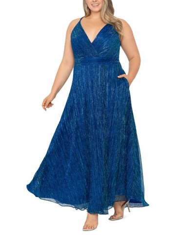 Plus Size Metallic Foil Spaghetti-Strap Gown Royal Turquoise $98.67 Dresses