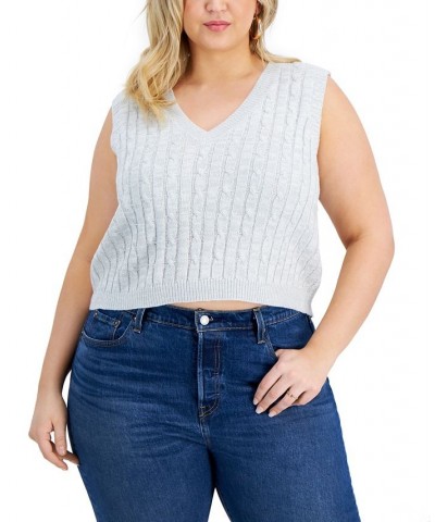 Trendy Plus Size Cropped Cable-Front V-Neck Sweater Vest Gray $11.74 Sweaters