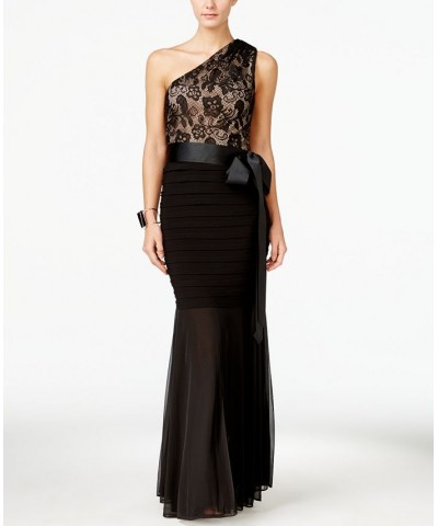 Petite Lace One-Shoulder Mermaid Gown Black/Nude $66.72 Dresses