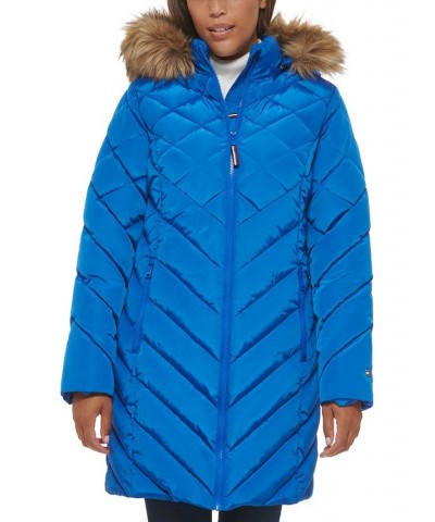 Women's Faux-Fur-Trim Hooded Puffer Coat Nautical Blue $70.20 Coats