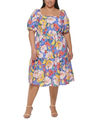 Plus Size Cotton Puff-Sleeve Tiered Midi Dress Blu $50.40 Dresses