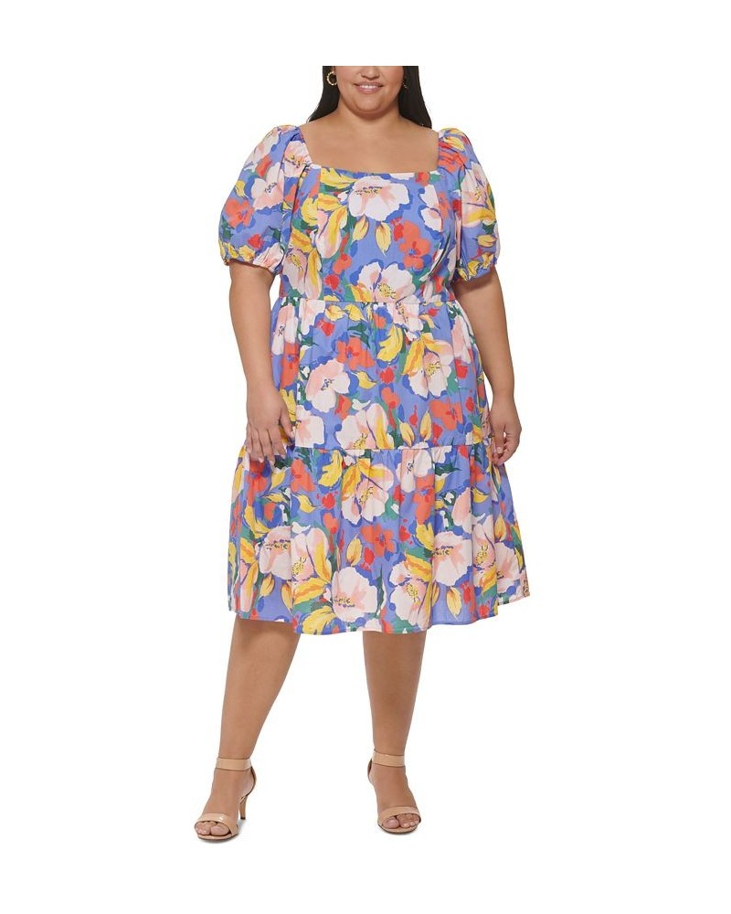 Plus Size Cotton Puff-Sleeve Tiered Midi Dress Blu $50.40 Dresses