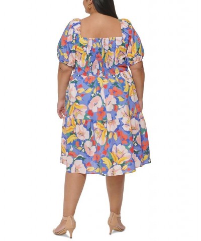 Plus Size Cotton Puff-Sleeve Tiered Midi Dress Blu $50.40 Dresses