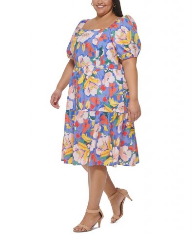 Plus Size Cotton Puff-Sleeve Tiered Midi Dress Blu $50.40 Dresses