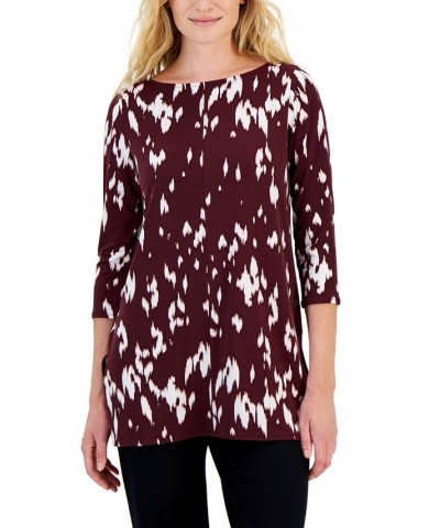 Petite Printed Boat-Neck 3/4-Sleeve Tunic Mila Animal Wine $12.60 Tops