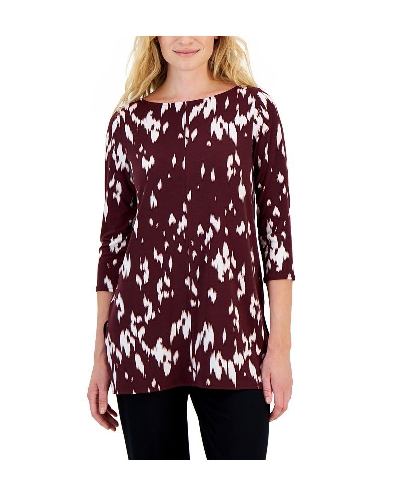 Petite Printed Boat-Neck 3/4-Sleeve Tunic Mila Animal Wine $12.60 Tops