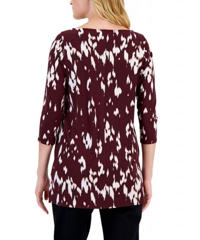 Petite Printed Boat-Neck 3/4-Sleeve Tunic Mila Animal Wine $12.60 Tops