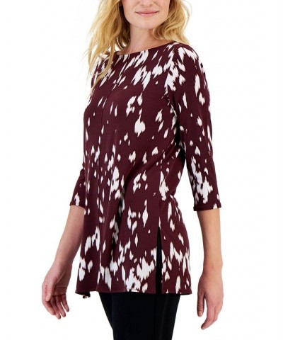 Petite Printed Boat-Neck 3/4-Sleeve Tunic Mila Animal Wine $12.60 Tops