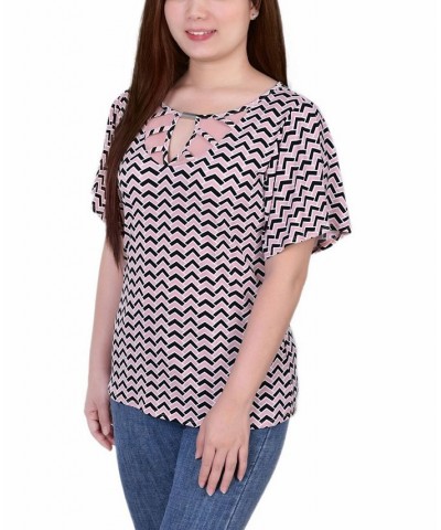 Women's Mesh Flutter Sleeve Knit Top Mellow Rose and Black $17.67 Tops