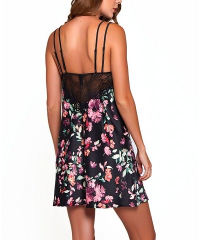 Women's Floral Relaxed Chemise Lingerie Trimmed in Lace Black $28.75 Lingerie