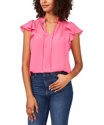 Women's Flutter Sleeve V-neck Top Pink $27.98 Tops