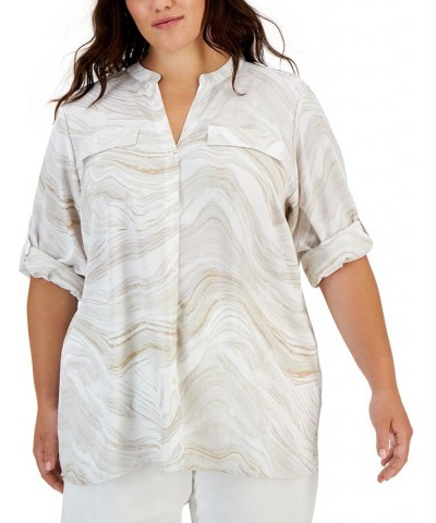 Plus Size Printed Roll-Tab-Sleeve Top White $31.56 Tops