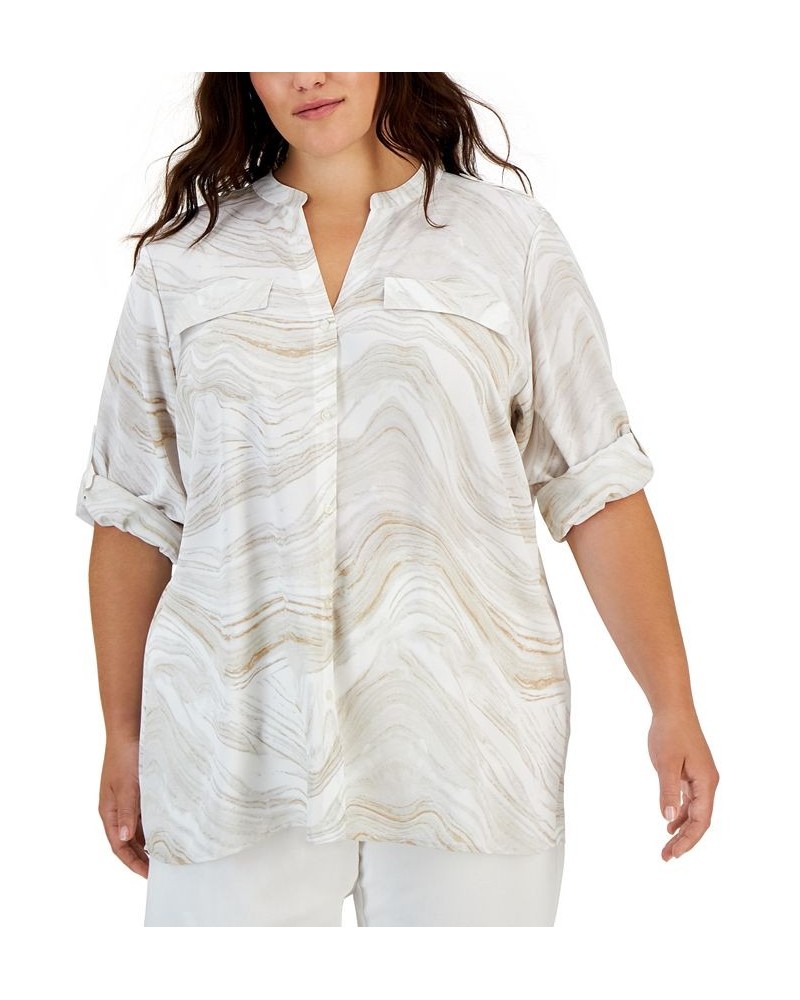 Plus Size Printed Roll-Tab-Sleeve Top White $31.56 Tops