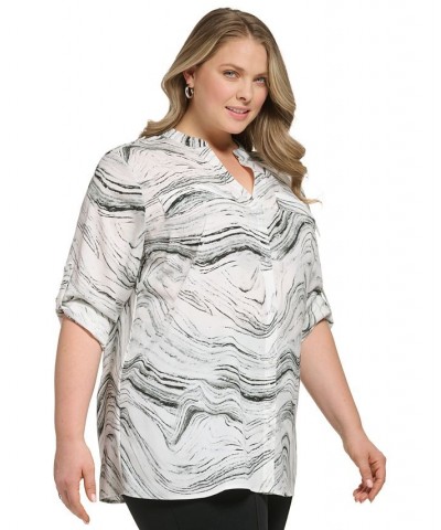 Plus Size Printed Roll-Tab-Sleeve Top White $31.56 Tops