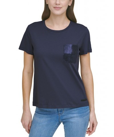 Short Sleeve Sequin Pocket T-Shirt Blue $35.40 Tops