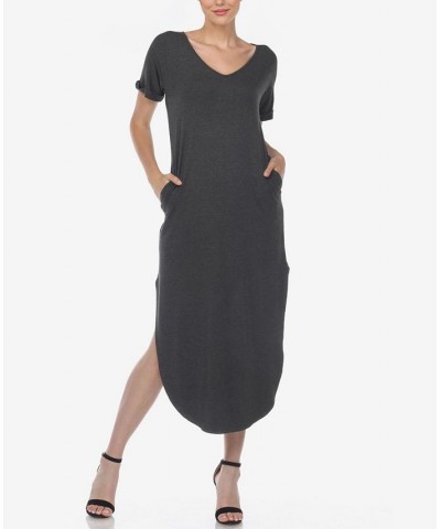 Women's Short Sleeve V-Neck Maxi Dress Charcoal $32.00 Dresses