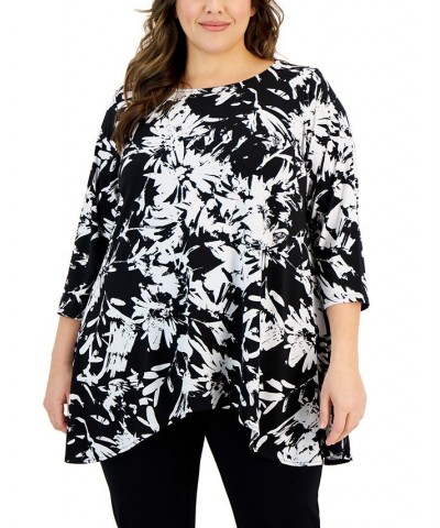 Plus Size Printed 3/4-Sleeve Draped-Hem Top Black $16.70 Tops