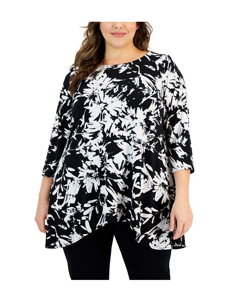 Plus Size Printed 3/4-Sleeve Draped-Hem Top Black $16.70 Tops