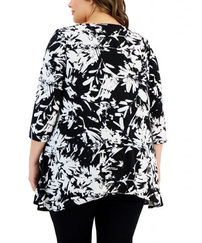 Plus Size Printed 3/4-Sleeve Draped-Hem Top Black $16.70 Tops