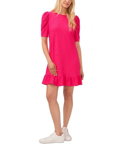 Women's Puff-Sleeve Eyelet Ruffled-Hem Dress Pink $22.89 Dresses