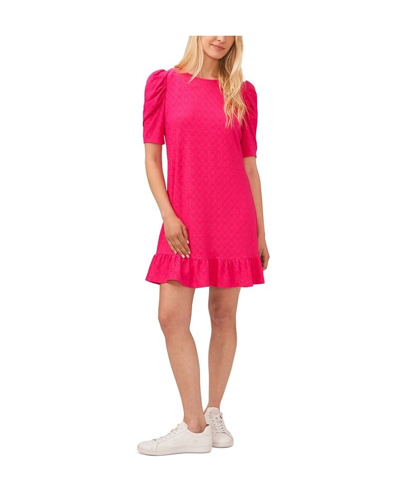 Women's Puff-Sleeve Eyelet Ruffled-Hem Dress Pink $22.89 Dresses