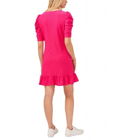 Women's Puff-Sleeve Eyelet Ruffled-Hem Dress Pink $22.89 Dresses