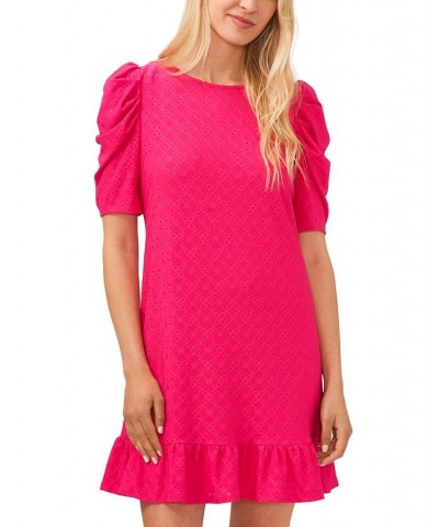 Women's Puff-Sleeve Eyelet Ruffled-Hem Dress Pink $22.89 Dresses