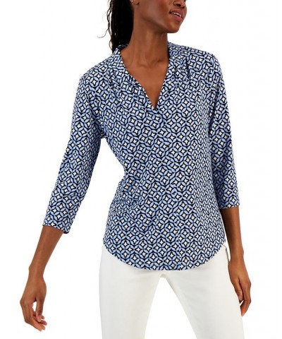 Women's Printed 3/4-Sleeve V-Neck Top Blue $20.16 Tops