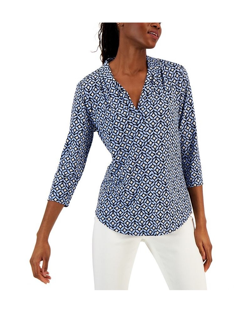 Women's Printed 3/4-Sleeve V-Neck Top Blue $20.16 Tops