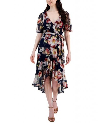 Women's Floral-Print Asymmetrical-Hem Wrap Dress Navy $48.06 Dresses