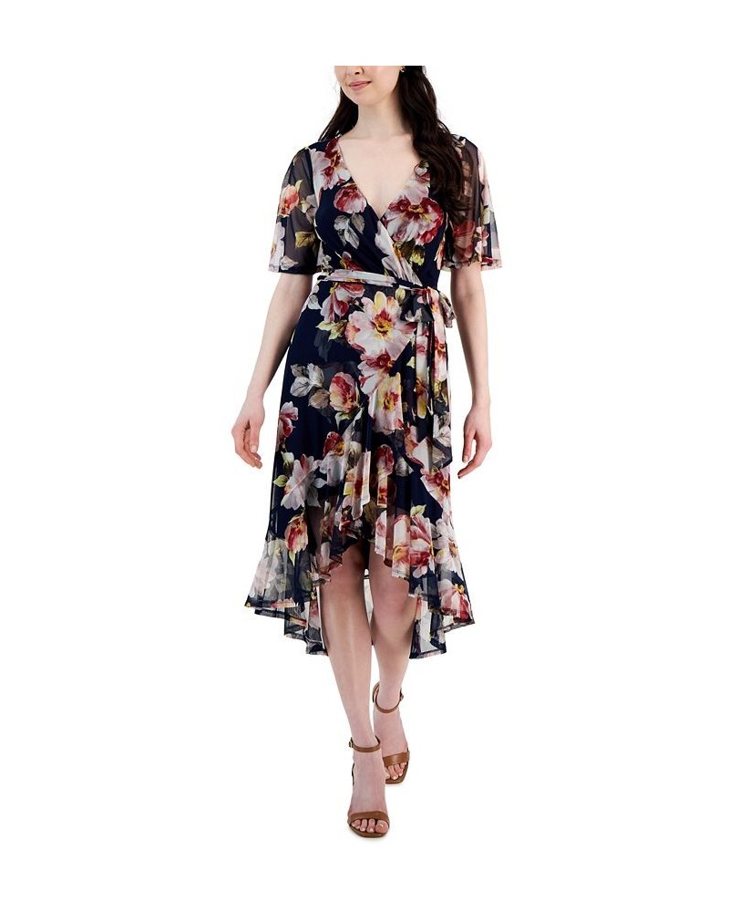 Women's Floral-Print Asymmetrical-Hem Wrap Dress Navy $48.06 Dresses