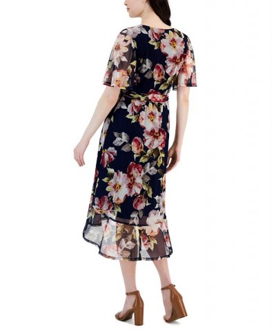 Women's Floral-Print Asymmetrical-Hem Wrap Dress Navy $48.06 Dresses