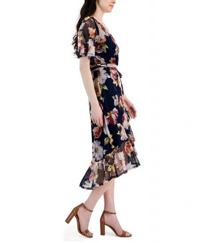 Women's Floral-Print Asymmetrical-Hem Wrap Dress Navy $48.06 Dresses