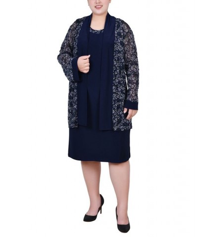 Plus Size Cardigan Dress Set 2 Piece Navy Plum Flowers $18.10 Dresses