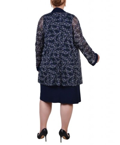 Plus Size Cardigan Dress Set 2 Piece Navy Plum Flowers $18.10 Dresses