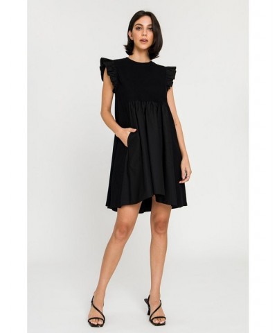 Women's Knit Poplin Mixed Dress Black $41.60 Dresses