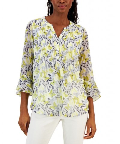 Women's Print Pintuck Top Regular & Petites Yellow $18.35 Tops