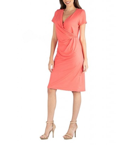 Faux Wrap over Dress with Cap Sleeves Coral $23.08 Dresses